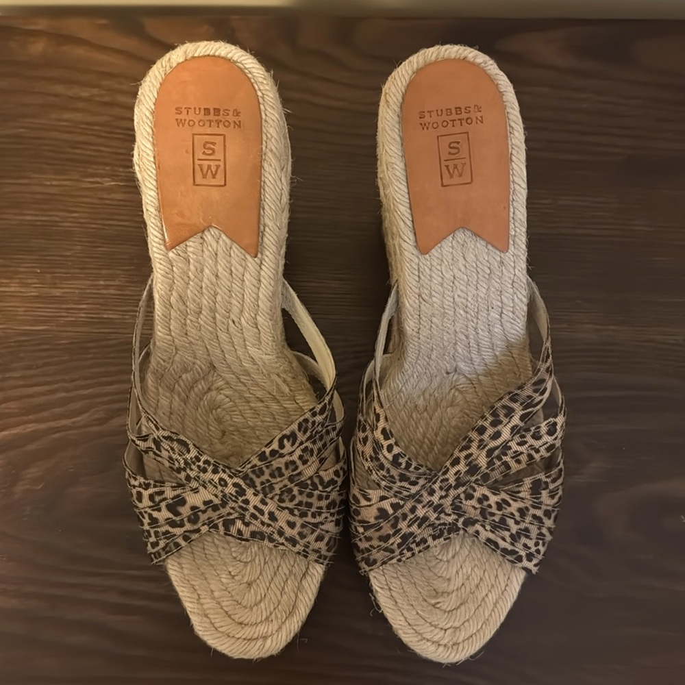 Stubbs and Wootton Women's Espadrille Black and Tan Ribboned Wedge.